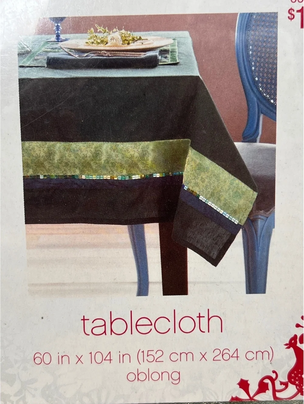 2006 Target Green and Black Oblong Sequined Holiday Tablecloth 60x104 inches